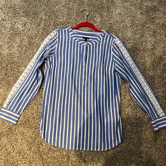Talbots Blue & White Striped Top With Lace Sleeves Blouse - Picture 2 of 4